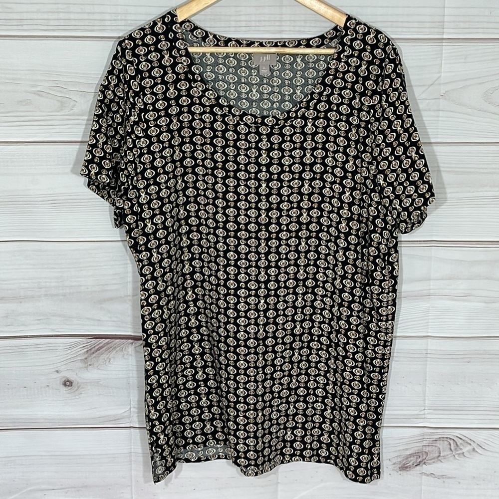 J. Jill Black & White & Tan Print Rayon Pullover Tunic Top Size Large Tall
